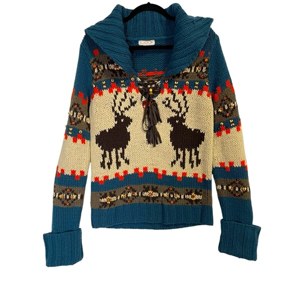 LaRock Vintage‎ Bohemian Hippie Reindeer Beaded  Sweater with Tassels Size S - Picture 1 of 9